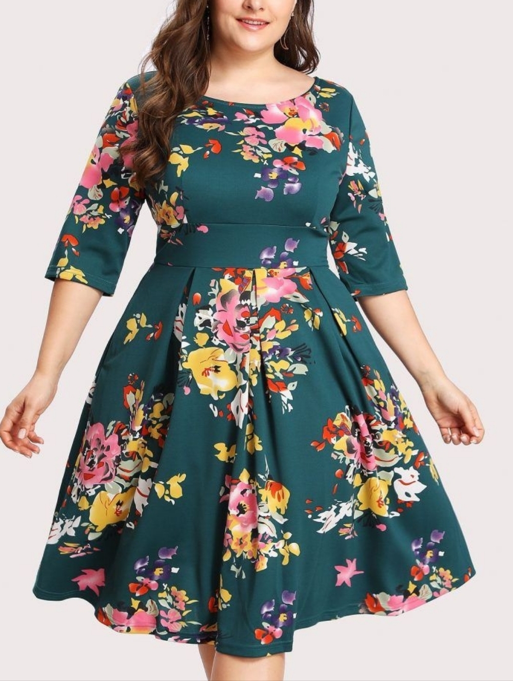 Teal Floral Fit & Flare Midi Dress - Plus Size